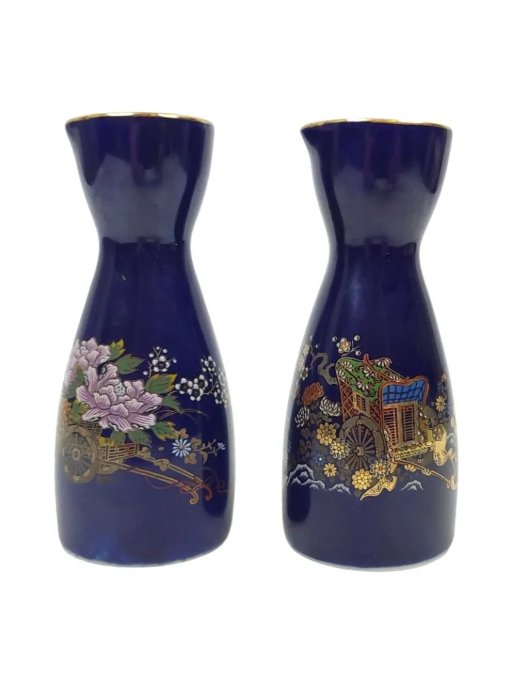 Japanese Kutani Style Cobalt Blue Ceramic Sake Carafe Set Flower Vintage Japan